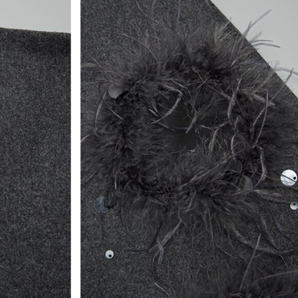 CHICJOC Ostrich Feather Embellished Wool Midi Skirt Luxury Handcrafted Appliqué - Picture 12 of 14